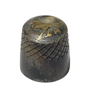 Hand-Carved Vintage Horn Thimble With Golden Bird Design 1"